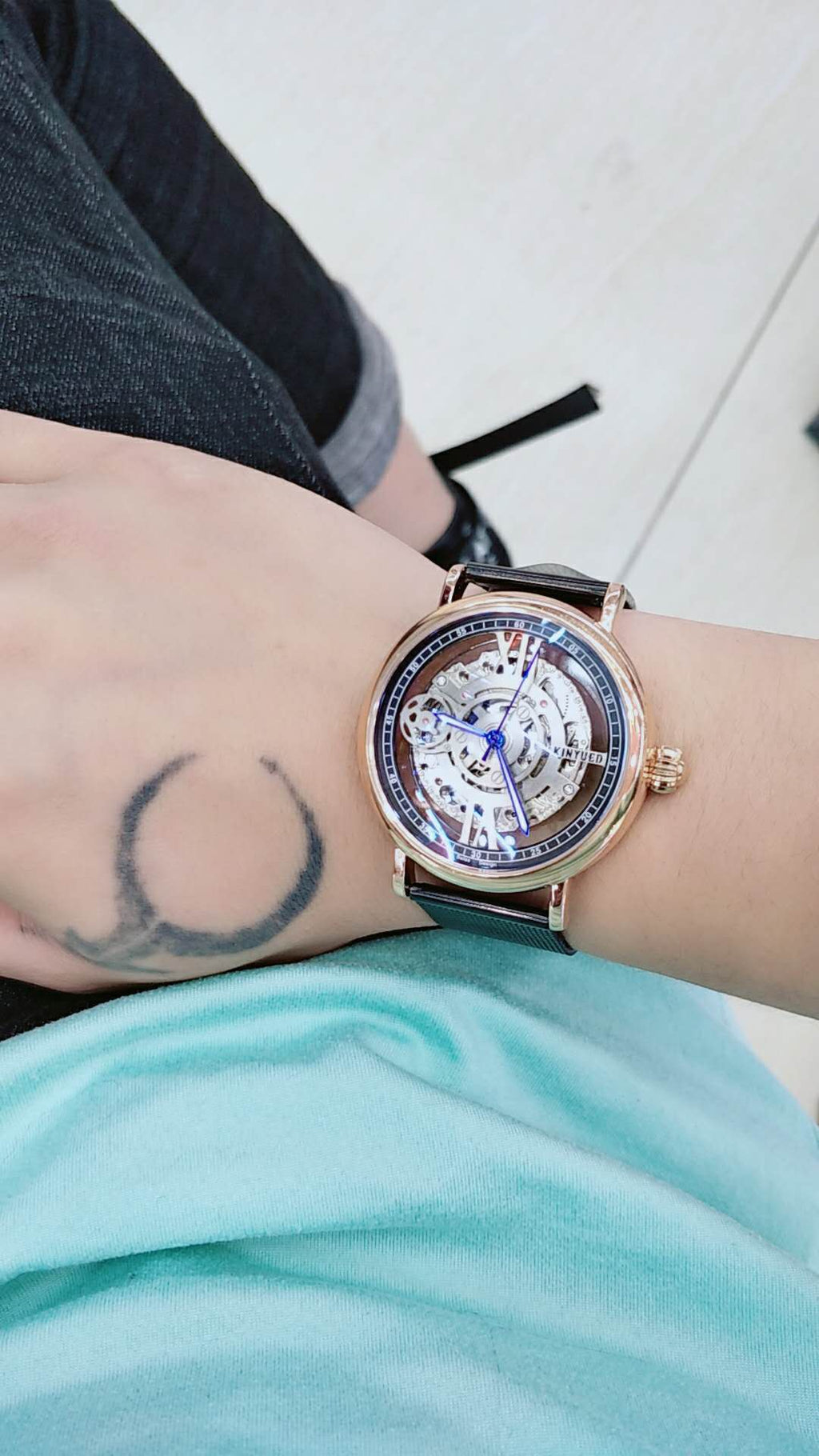 Mens Flywheel Automatic Mechanical Watch Rose Gold White Dial Luminous Hands