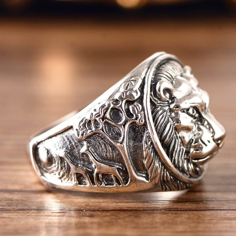925 Sterling Silver Jewelry Domineering Lion Head Beasts Men'S Ring