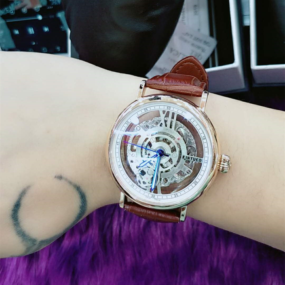 Mens Flywheel Automatic Mechanical Watch Rose Gold White Dial Luminous Hands