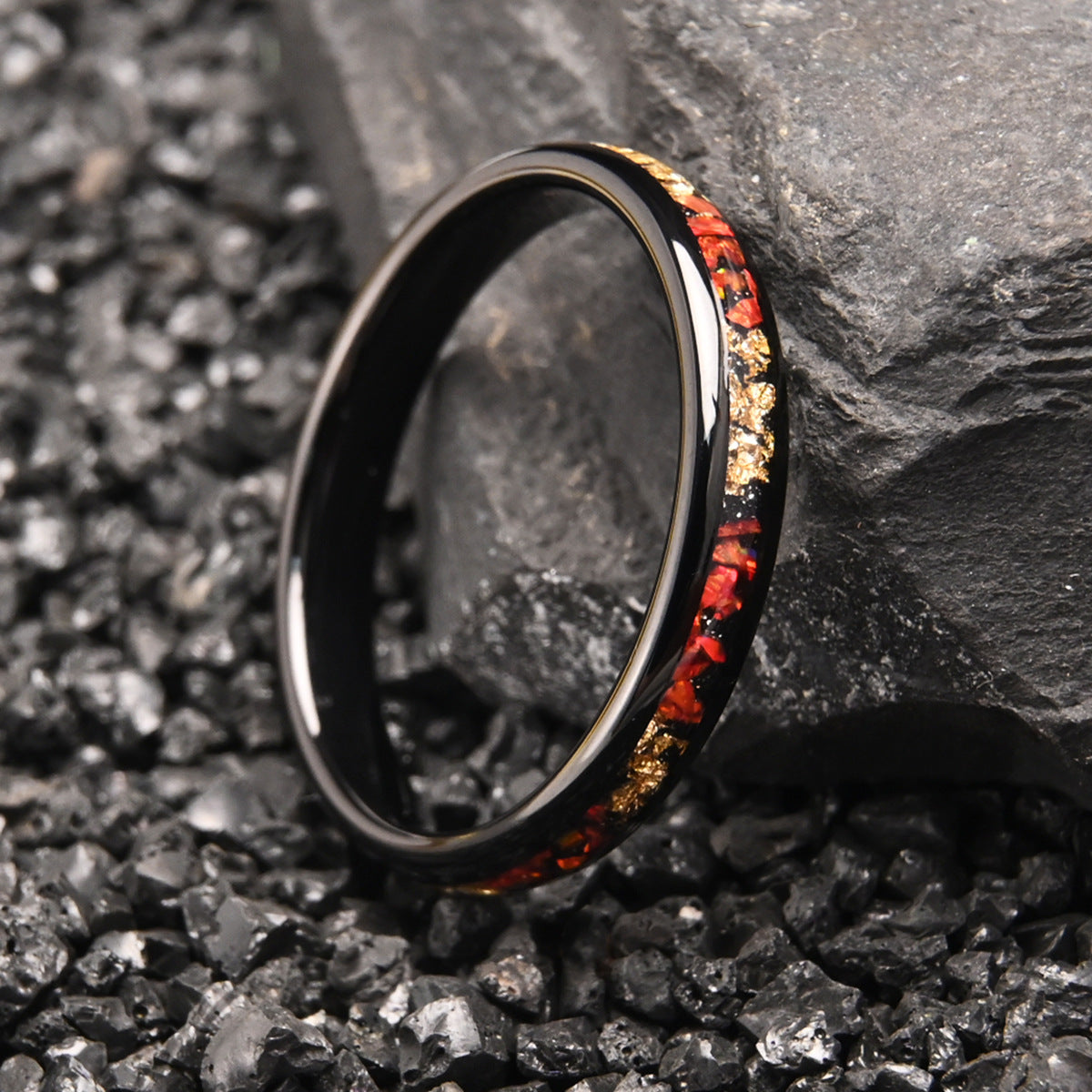 4 Wide Tungsten Steel Electric Black Inlaid Red Opal Gold Foil Ring My Store