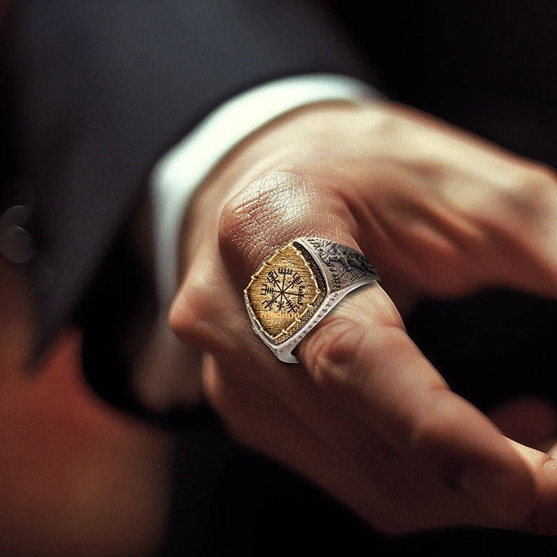 Totem Viking Inspired Trendy Mens Silver Ring With Dragon Sword Design