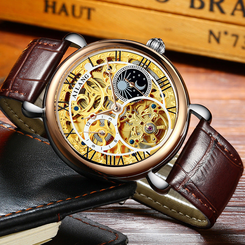 Gold Hollow Movement Men's Fashion Automatic Mechanical Watch Leather Business Men's Watch