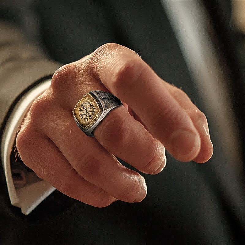 Totem Viking Inspired Trendy Mens Silver Ring With Dragon Sword Design